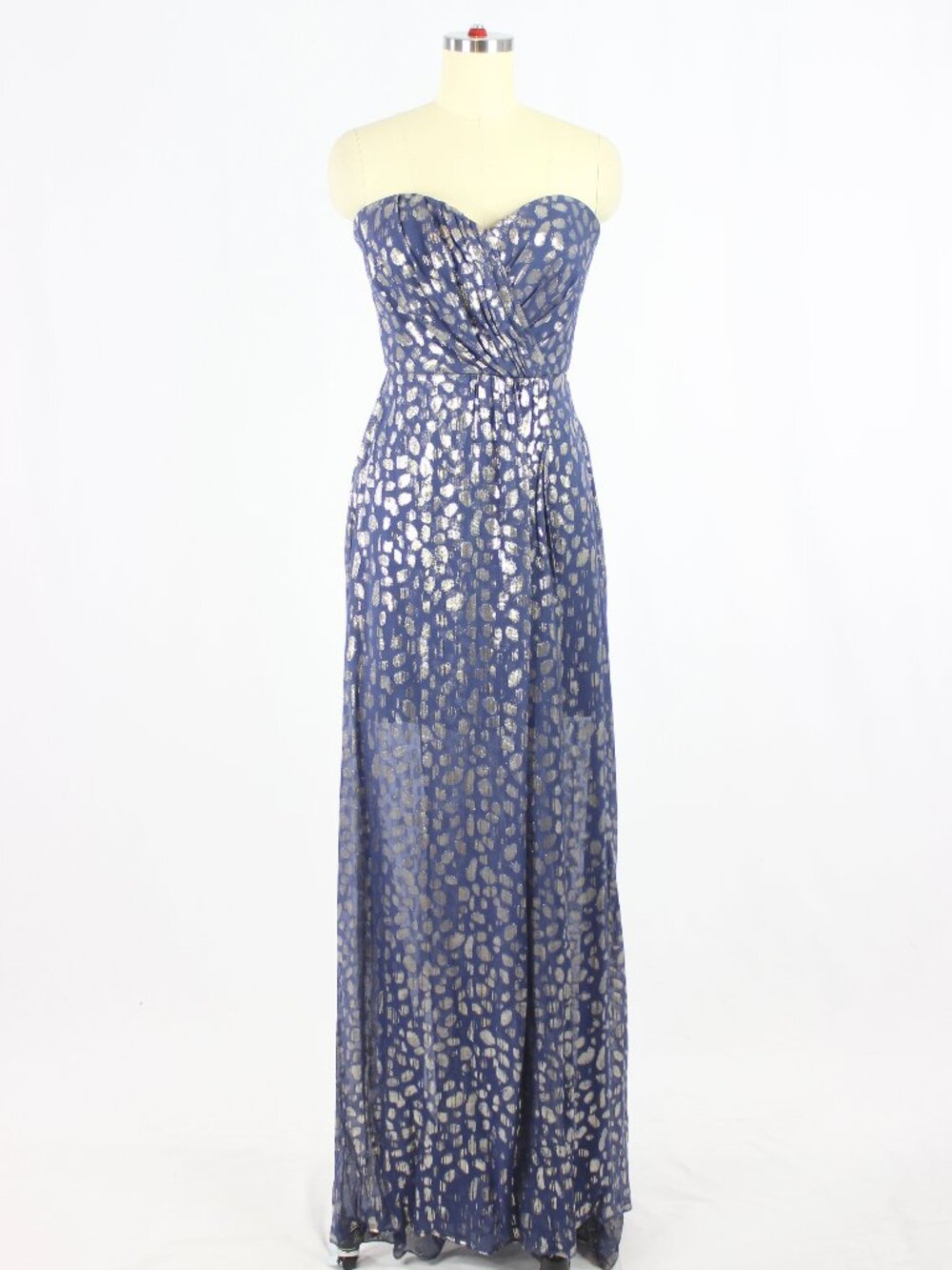ERIN by ERIN FETHERSTON Navy Gold Silk Chiffon Strapless Wrap Maxi Gown, Size 2